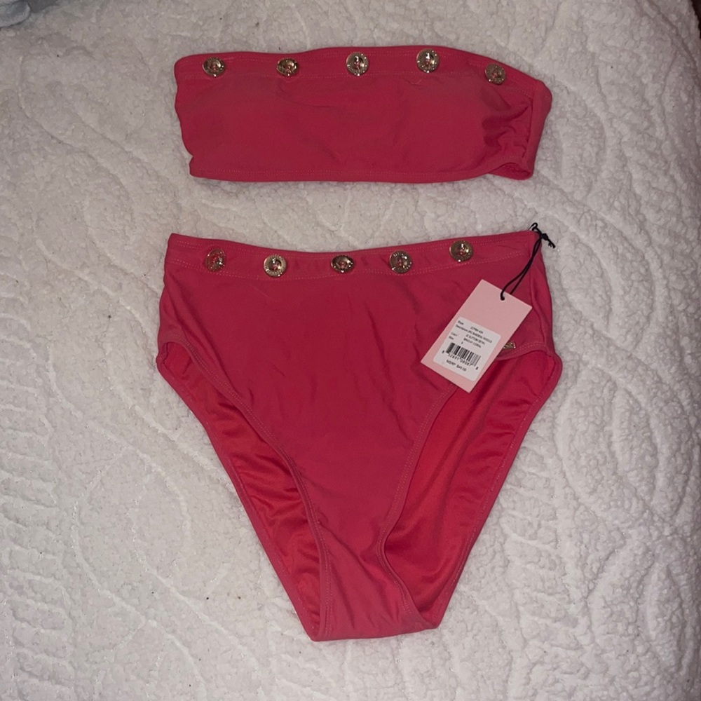 Juicy Couture Bright Coral Embellished Bikini Top & High-Waisted Bottoms - Women